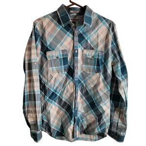 EXPRESS Turquoise Plaid Fitted Button Down Shirt Mens Medium Western Cowboy